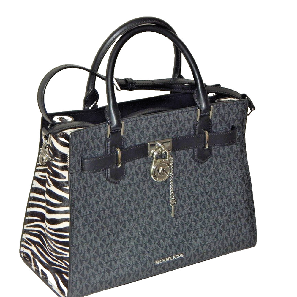 MICHAEL KORS HAMILTON Signature MK Logo Medium Black Satchel Shoulder Bag NWT